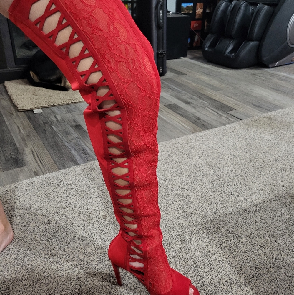 Red thigh high peep toe zip up boots